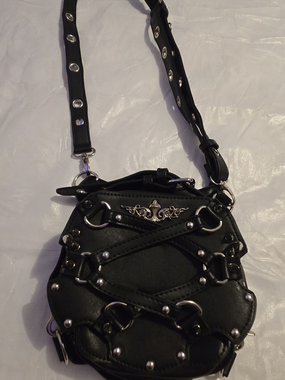 Black Studded Crossbody Bag with Decorative Hardware